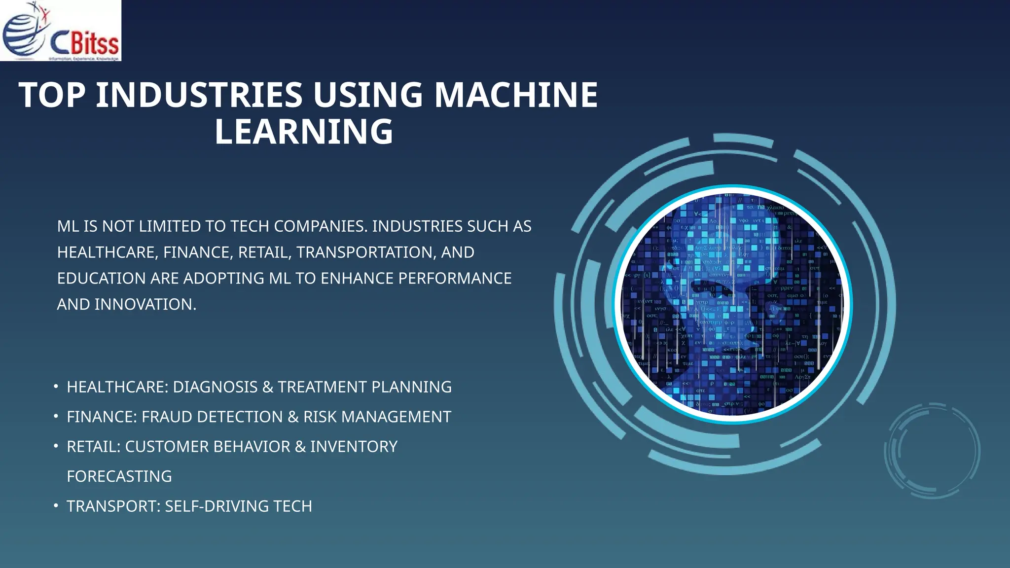 TOP INDUSTRIES USING MACHINE
LEARNING
ML IS NOT LIMITED TO TECH COMPANIES. INDUSTRIES SUCH AS
HEALTHCARE, FINANCE, RETAIL, TRANSPORTATION, AND
EDUCATION ARE ADOPTING ML TO ENHANCE PERFORMANCE
AND INNOVATION.
• HEALTHCARE: DIAGNOSIS & TREATMENT PLANNING
• FINANCE: FRAUD DETECTION & RISK MANAGEMENT
• RETAIL: CUSTOMER BEHAVIOR & INVENTORY
FORECASTING
• TRANSPORT: SELF-DRIVING TECH
 