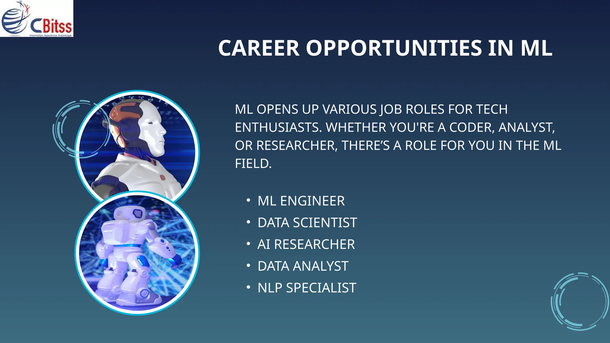 CAREER OPPORTUNITIES IN ML
ML OPENS UP VARIOUS JOB ROLES FOR TECH
ENTHUSIASTS. WHETHER YOU'RE A CODER, ANALYST,
OR RESEARCHER, THERE’S A ROLE FOR YOU IN THE ML
FIELD.
• ML ENGINEER
• DATA SCIENTIST
• AI RESEARCHER
• DATA ANALYST
• NLP SPECIALIST
 