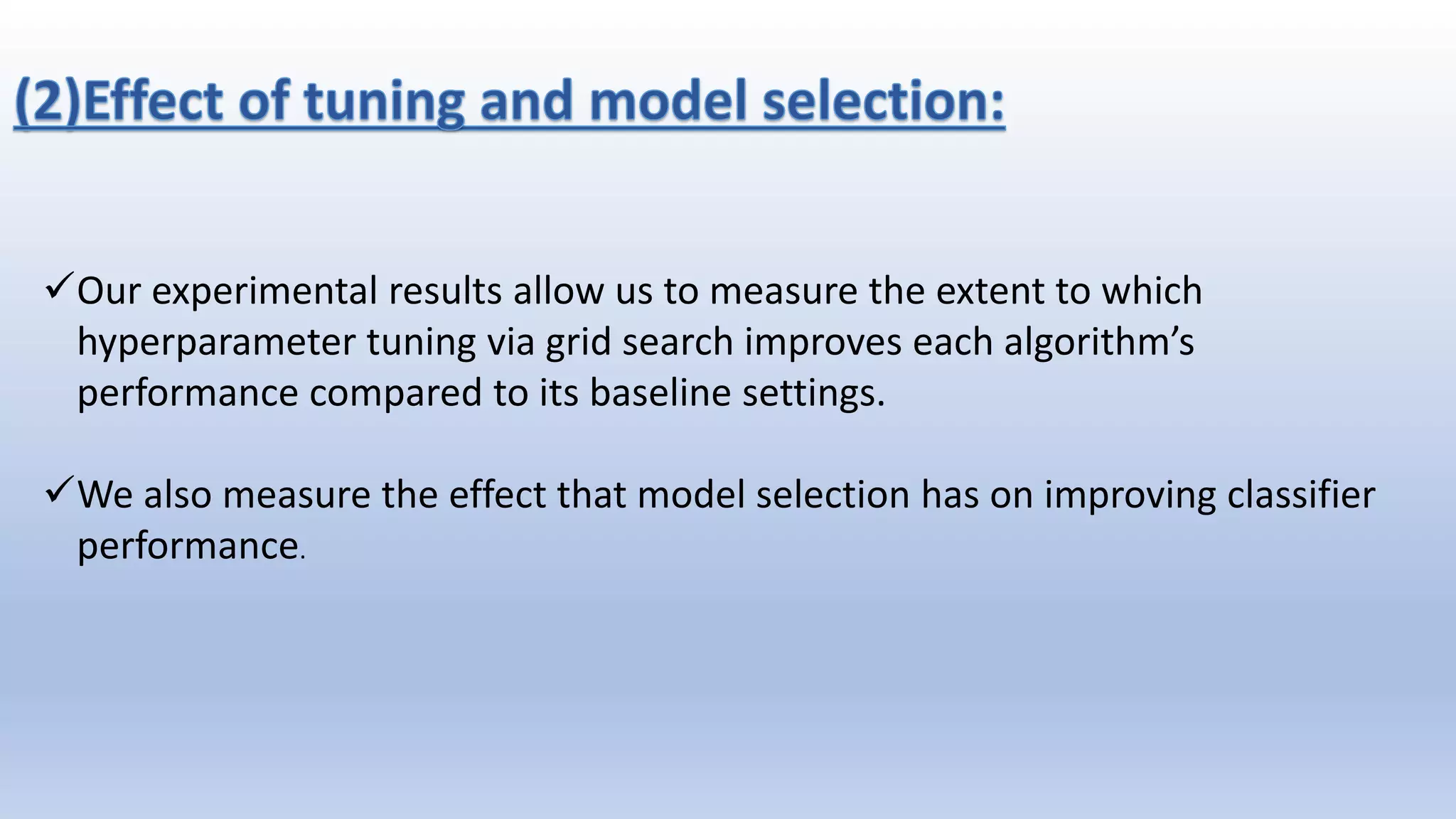 Our experimental results allow us to measure the extent to which hyperparameter tuning via grid search improves each algorithm’s performance compared to its baseline settings. We also measure the effect that model selection has on improving classifier performance. 