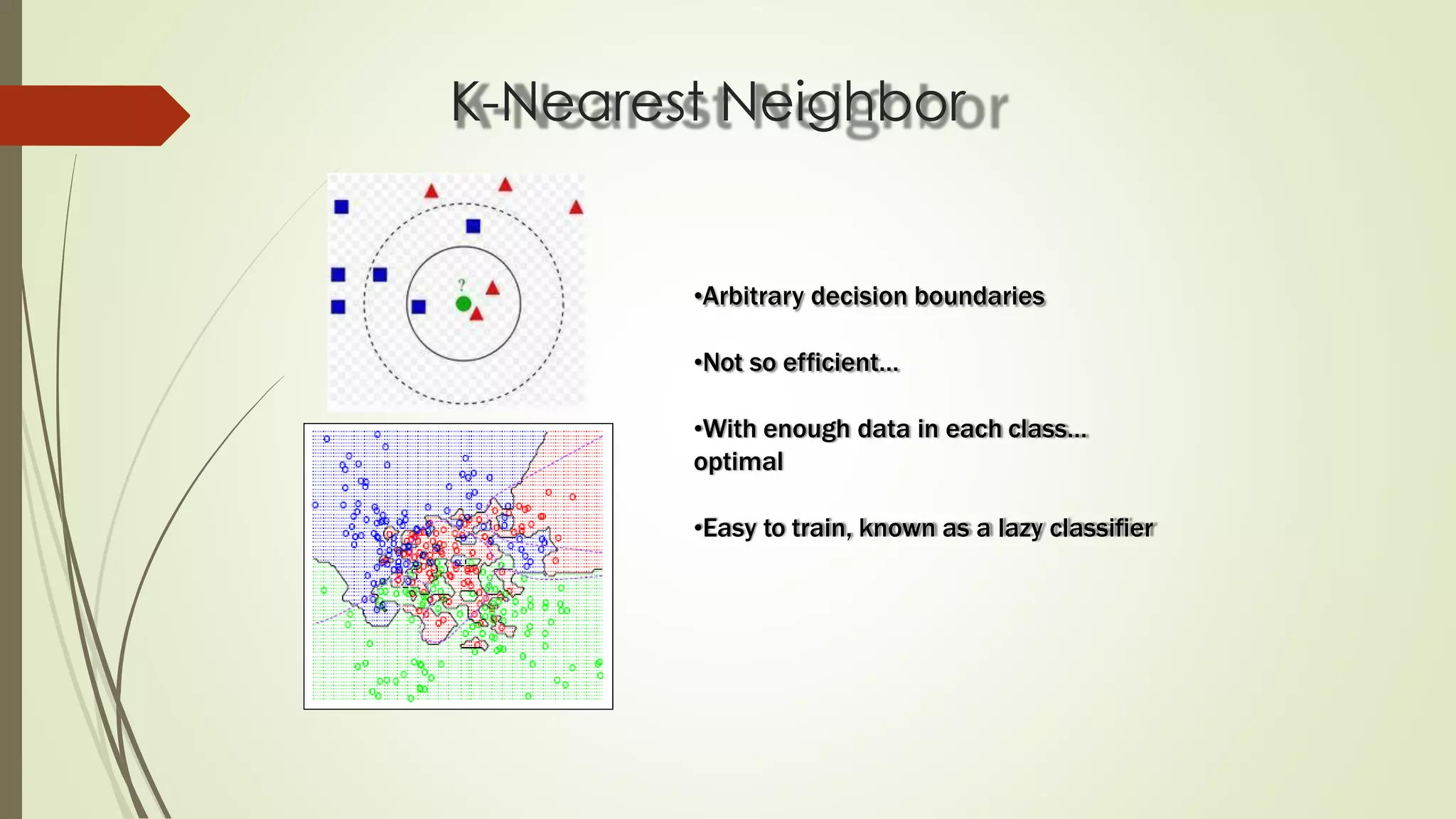K-Nearest Neighbor
•Arbitrary decision boundaries
•Not so efficient…
•With enough data in each class…
optimal
•Easy to train, known as a lazy classifier
 