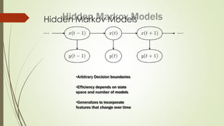 Hidden Markov Models
•Arbitrary Decision boundaries
•Efficiency depends on state
space and number of models
•Generalizes to incorporate
features that change over time
 