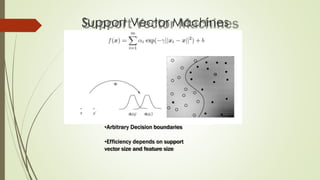 Support Vector Machines
•Arbitrary Decision boundaries
•Efficiency depends on support
vector size and feature size
 