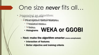 One size never fits all…
• Improving an algorithm:
– First option: better features
• Visualize classes
• Trends
• Histograms
– Next: make the algorithm smarter (more complicated)
• Interaction of features
• Better objective and training criteria
WEKA or GGOBI
 