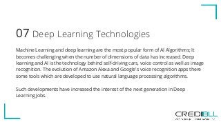 Deep Learning Technologies07
Machine Learning and deep learning are the most popular form of AI Algorithms; It
becomes challenging when the number of dimensions of data has increased. Deep
learning and AI is the technology behind self-driving cars, voice control as well as image
recognition. The evolution of Amazon Alexa and Google's voice recognition apps there
some tools which are developed to use natural language processing algorithms.
Such developments have increased the interest of the next generation in Deep
Learning Jobs.
 