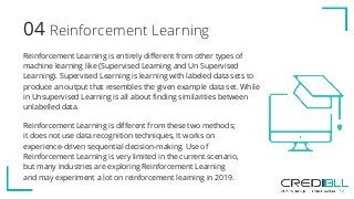 Reinforcement Learning04
Reinforcement Learning is entirely different from other types of
machine learning like (Supervised Learning and Un Supervised
Learning). Supervised Learning is learning with labeled data sets to
produce an output that resembles the given example data set. While
in Unsupervised Learning is all about finding similarities between
unlabelled data.
Reinforcement Learning is different from these two methods;
it does not use data recognition techniques, It works on
experience-driven sequential decision-making. Use of
Reinforcement Learning is very limited in the current scenario,
but many industries are exploring Reinforcement Learning
and may experiment a lot on reinforcement learning in 2019.  
 