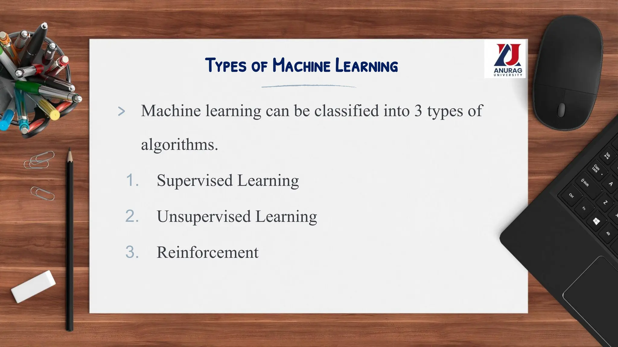 Types of Machine Learning
> Machine learning can be classified into 3 types of
algorithms.
1. Supervised Learning
2. Unsupervised Learning
3. Reinforcement
 