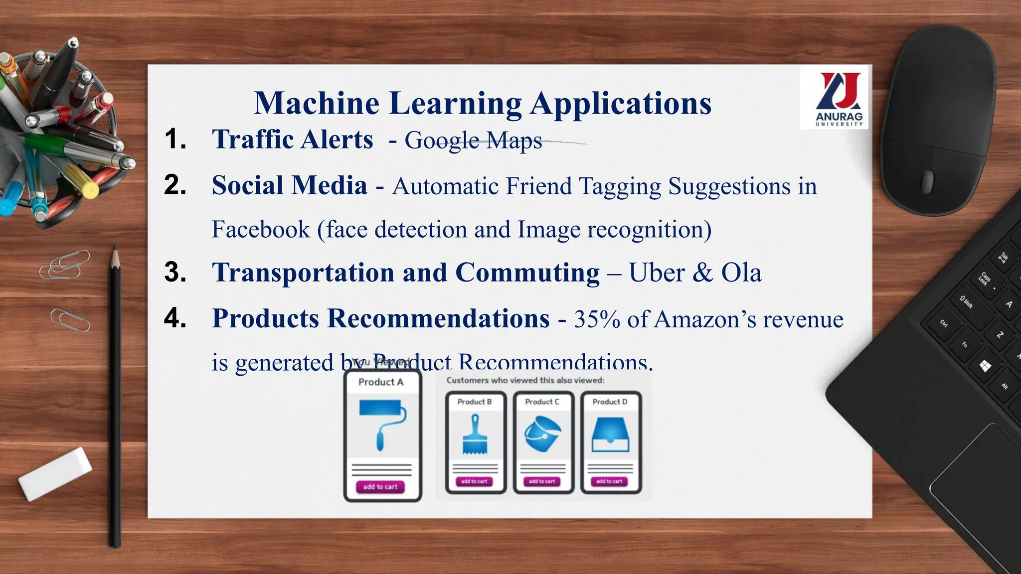 Machine Learning Applications
1. Traffic Alerts - Google Maps
2. Social Media - Automatic Friend Tagging Suggestions in
Facebook (face detection and Image recognition)
3. Transportation and Commuting – Uber & Ola
4. Products Recommendations - 35% of Amazon’s revenue
is generated by Product Recommendations.
 
