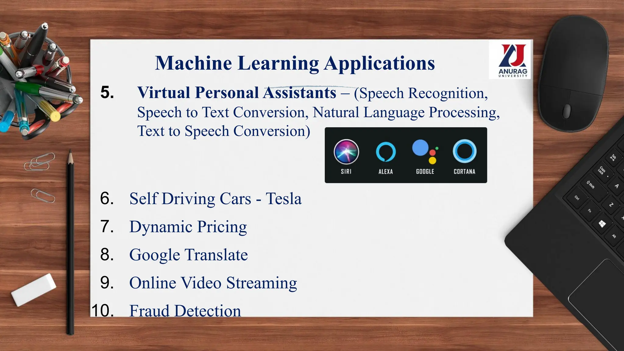 Machine Learning Applications
5. Virtual Personal Assistants – (Speech Recognition,
Speech to Text Conversion, Natural Language Processing,
Text to Speech Conversion)
6. Self Driving Cars - Tesla
7. Dynamic Pricing
8. Google Translate
9. Online Video Streaming
10. Fraud Detection
 