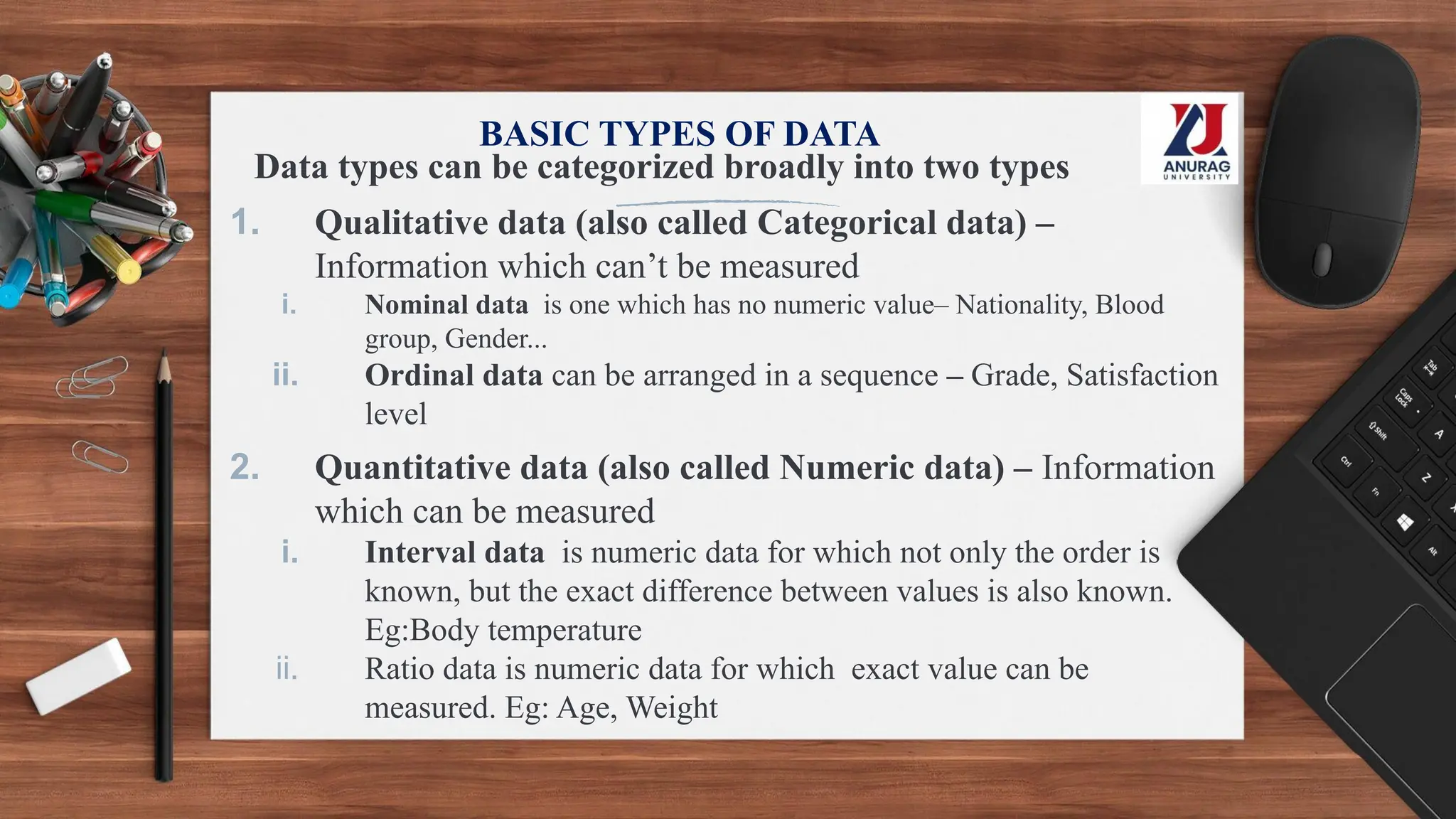 BASIC TYPES OF DATA
Data types can be categorized broadly into two types
1. Qualitative data (also called Categorical data) –
Information which can’t be measured
i. Nominal data is one which has no numeric value– Nationality, Blood
group, Gender...
ii. Ordinal data can be arranged in a sequence – Grade, Satisfaction
level
2. Quantitative data (also called Numeric data) – Information
which can be measured
i. Interval data is numeric data for which not only the order is
known, but the exact difference between values is also known.
Eg:Body temperature
ii. Ratio data is numeric data for which exact value can be
measured. Eg: Age, Weight
 