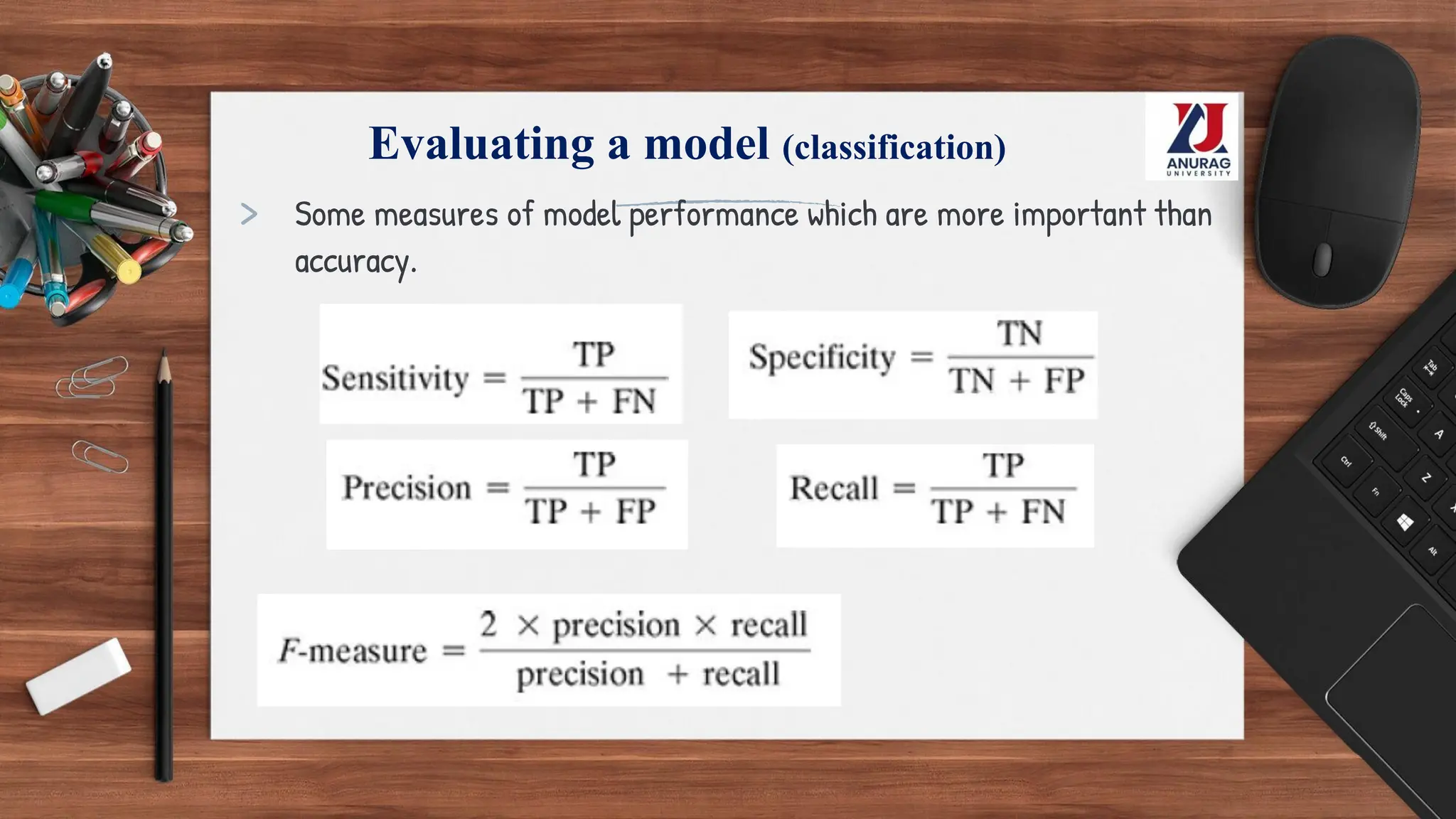 Evaluating a model (classification)
> Some measures of model performance which are more important than
accuracy.
 