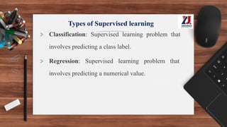 Types of Supervised learning
> Classification: Supervised learning problem that
involves predicting a class label.
> Regression: Supervised learning problem that
involves predicting a numerical value.
 