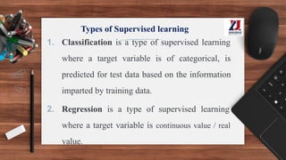 Types of Supervised learning
1. Classification is a type of supervised learning
where a target variable is of categorical, is
predicted for test data based on the information
imparted by training data.
2. Regression is a type of supervised learning
where a target variable is continuous value / real
value.
 