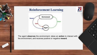 Reinforcement Learning
The agent observes the environment, takes an action to interact with
the environment, and receives positive or negative reward.
 