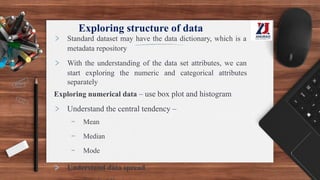 Exploring structure of data
> Standard dataset may have the data dictionary, which is a
metadata repository
> With the understanding of the data set attributes, we can
start exploring the numeric and categorical attributes
separately
Exploring numerical data – use box plot and histogram
> Understand the central tendency –
- Mean
- Median
- Mode
> Understand data spread
 