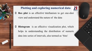 Plotting and exploring numerical data
Box plot is an effective mechanism to get one-shot
view and understand the nature of the data
Histogram is an effective visualization plot, which
helps in understanding the distribution of numeric
data into series of intervals, also termed as ‘bins’
 