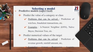 Selecting a model
> Predictive models (supervised)
❖ Predict the value of a category or class
✔ Problems that can be solved : Prediction of
win/loss, fraudulent transactions, etc.
✔ Examples : k-Nearest Neighbor (kNN), Naïve
Bayes, Decision Tree, etc.
❖ Predict numerical values of the target
✔ Problems that can be solved : Prediction of
revenue growth, rainfall amount, etc,
✔ Examples: Linear Regression, Logistic
Regression, etc.
 