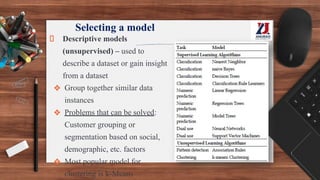 Selecting a model
Descriptive models
(unsupervised) – used to
describe a dataset or gain insight
from a dataset
❖ Group together similar data
instances
❖ Problems that can be solved:
Customer grouping or
segmentation based on social,
demographic, etc. factors
❖ Most popular model for
clustering is k-Means
 