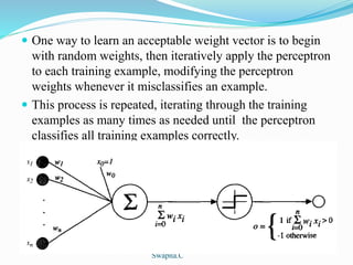  One way to learn an acceptable weight vector is to begin
with random weights, then iteratively apply the perceptron
to each training example, modifying the perceptron
weights whenever it misclassifies an example.
 This process is repeated, iterating through the training
examples as many times as needed until the perceptron
classifies all training examples correctly.
SWAPNA.C
Swapna.C
 