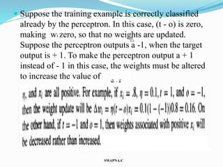  Suppose the training example is correctly classified
already by the perceptron. In this case, (t - o) is zero,
making wi zero, so that no weights are updated.
Suppose the perceptron outputs a -1, when the target
output is + 1. To make the perceptron output a + 1
instead of - 1 in this case, the weights must be altered
to increase the value of
SWAPNA.C
 