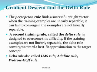 Gradient Descent and the Delta Rule
 The perceptron rule finds a successful weight vector
when the training examples are linearly separable, it
can fail to converge if the examples are not linearly
separable.
 A second training rule, called the delta rule, is
designed to overcome this difficulty. If the training
examples are not linearly separable, the delta rule
converges toward a best-fit approximation to the target
concept.
 Delta rule also called LMS rule, Adaline rule,
Widrow-Hoff rule.
SWAPNA.C
 