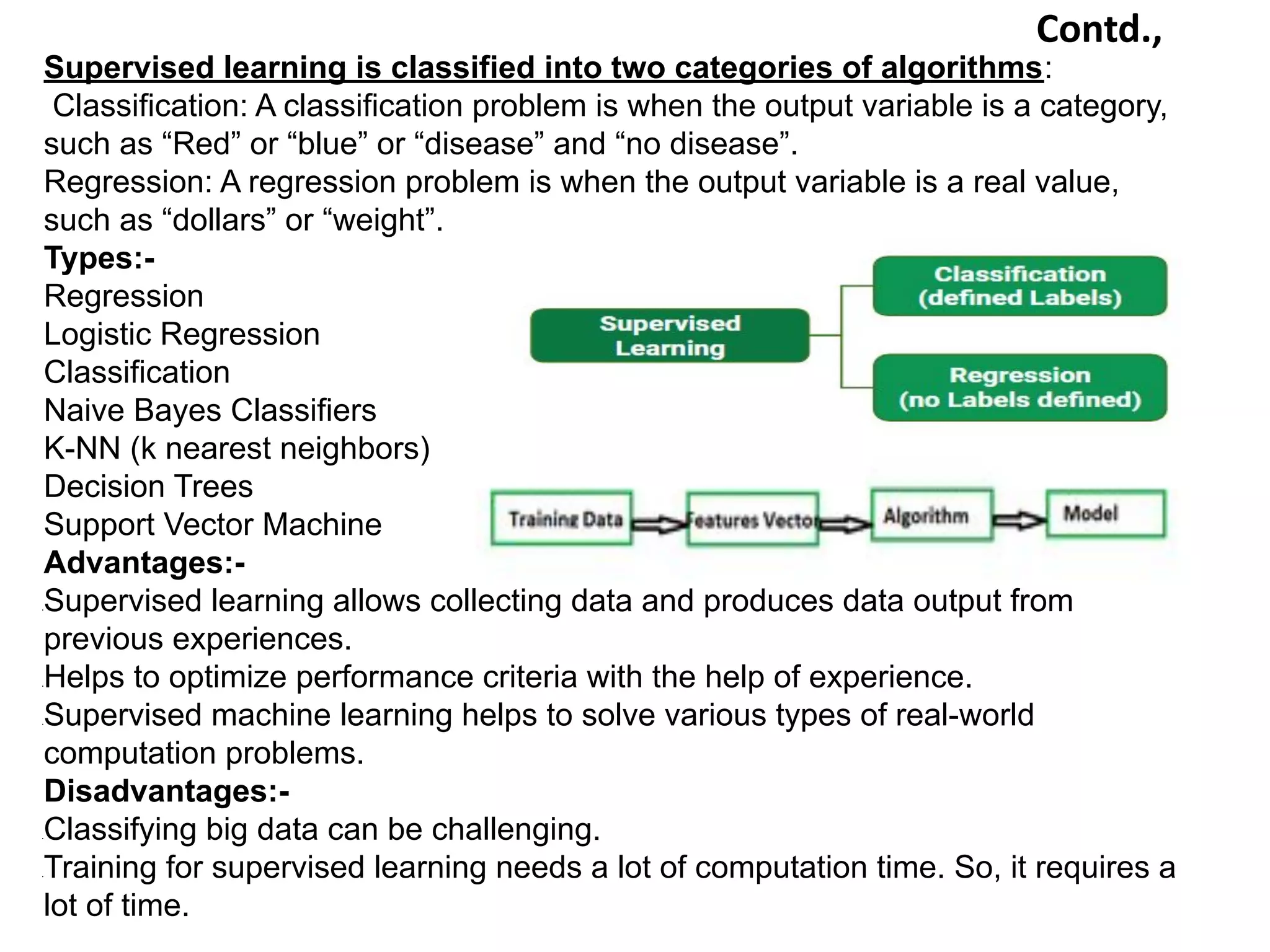 Contd.,
Supervised learning is classified into two categories of algorithms:
Classification: A classification problem is when the output variable is a category,
such as “Red” or “blue” or “disease” and “no disease”.
Regression: A regression problem is when the output variable is a real value,
such as “dollars” or “weight”.
Types:-
Regression
Logistic Regression
Classification
Naive Bayes Classifiers
K-NN (k nearest neighbors)
Decision Trees
Support Vector Machine
Advantages:-
•Supervised learning allows collecting data and produces data output from
previous experiences.
•Helps to optimize performance criteria with the help of experience.
•Supervised machine learning helps to solve various types of real-world
computation problems.
Disadvantages:-
•Classifying big data can be challenging.
•Training for supervised learning needs a lot of computation time. So, it requires a
lot of time.
 