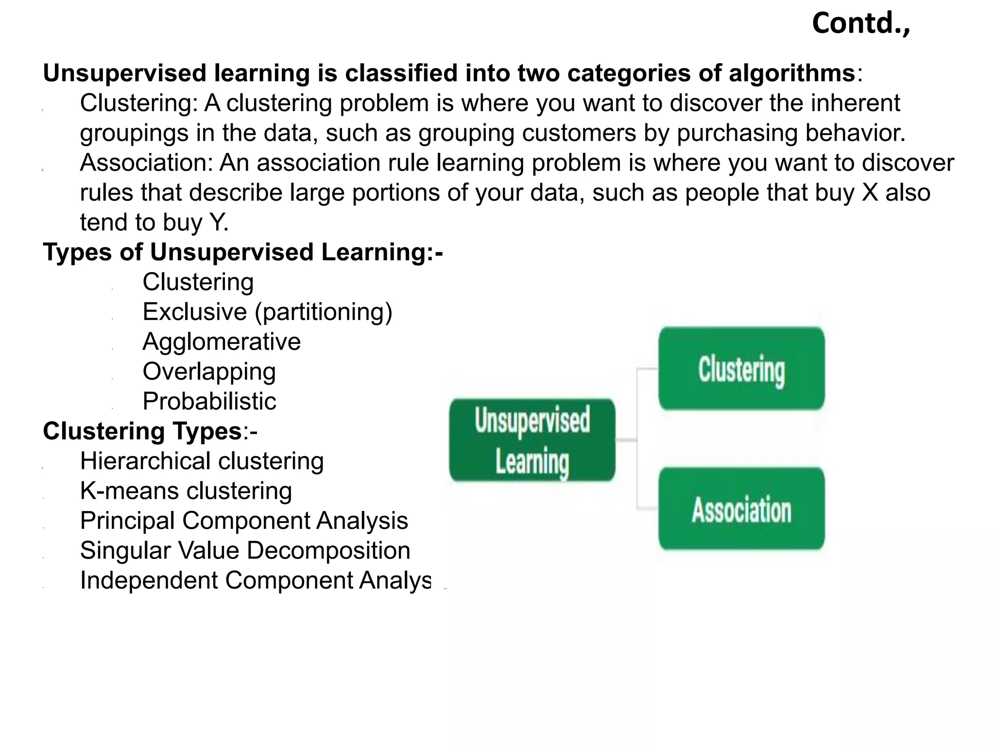 Contd.,
Unsupervised learning is classified into two categories of algorithms:
1. Clustering: A clustering problem is where you want to discover the inherent
groupings in the data, such as grouping customers by purchasing behavior.
2. Association: An association rule learning problem is where you want to discover
rules that describe large portions of your data, such as people that buy X also
tend to buy Y.
Types of Unsupervised Learning:-
• Clustering
• Exclusive (partitioning)
• Agglomerative
• Overlapping
• Probabilistic
Clustering Types:-
1. Hierarchical clustering
• K-means clustering
• Principal Component Analysis
• Singular Value Decomposition
• Independent Component Analysis
 