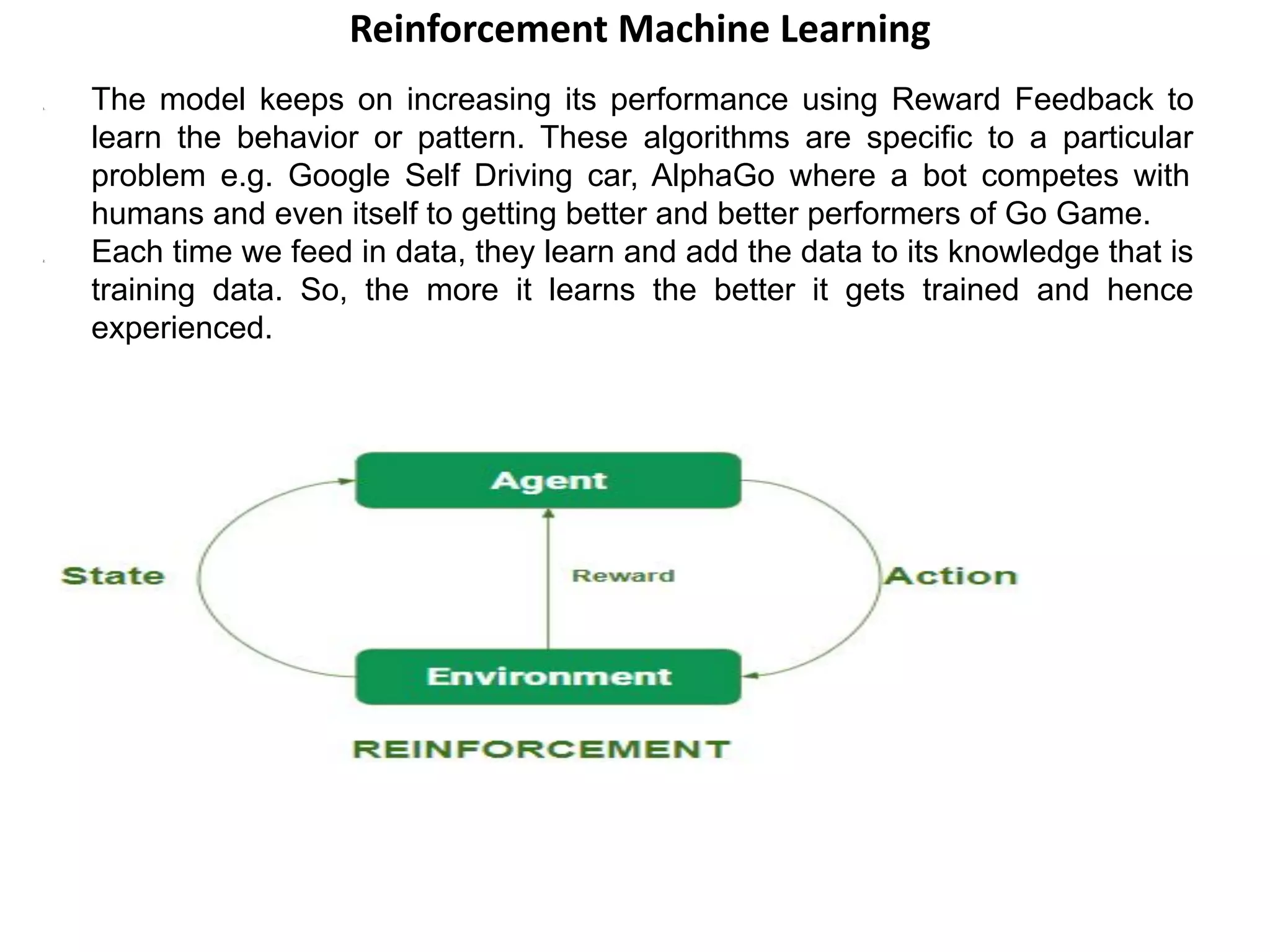 Reinforcement Machine Learning
1. The model keeps on increasing its performance using Reward Feedback to
learn the behavior or pattern. These algorithms are specific to a particular
problem e.g. Google Self Driving car, AlphaGo where a bot competes with
humans and even itself to getting better and better performers of Go Game.
2. Each time we feed in data, they learn and add the data to its knowledge that is
training data. So, the more it learns the better it gets trained and hence
experienced.
 