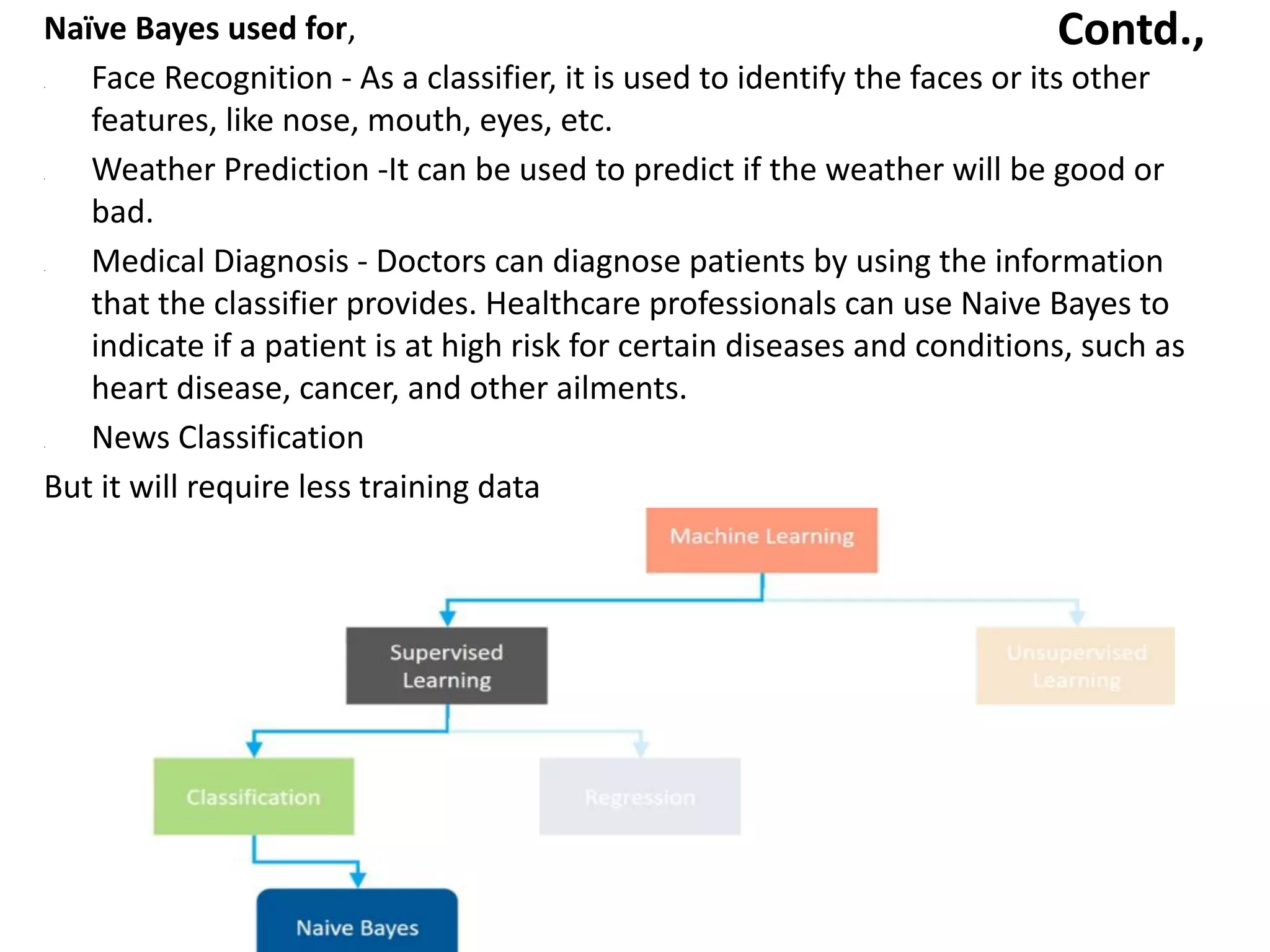 Contd.,
Naïve Bayes used for,
• Face Recognition - As a classifier, it is used to identify the faces or its other
features, like nose, mouth, eyes, etc.
• Weather Prediction -It can be used to predict if the weather will be good or
bad.
• Medical Diagnosis - Doctors can diagnose patients by using the information
that the classifier provides. Healthcare professionals can use Naive Bayes to
indicate if a patient is at high risk for certain diseases and conditions, such as
heart disease, cancer, and other ailments.
• News Classification
But it will require less training data
 