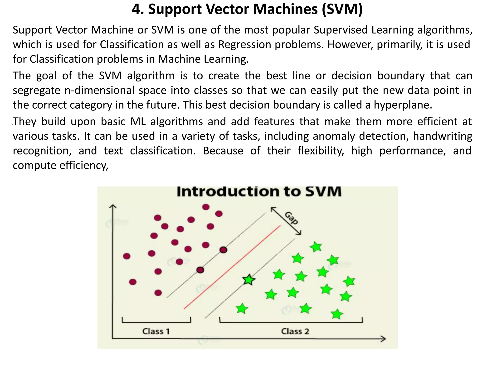 4. Support Vector Machines (SVM)
Support Vector Machine or SVM is one of the most popular Supervised Learning algorithms,
which is used for Classification as well as Regression problems. However, primarily, it is used
for Classification problems in Machine Learning.
The goal of the SVM algorithm is to create the best line or decision boundary that can
segregate n-dimensional space into classes so that we can easily put the new data point in
the correct category in the future. This best decision boundary is called a hyperplane.
•They build upon basic ML algorithms and add features that make them more efficient at
various tasks. It can be used in a variety of tasks, including anomaly detection, handwriting
recognition, and text classification. Because of their flexibility, high performance, and
compute efficiency,
 