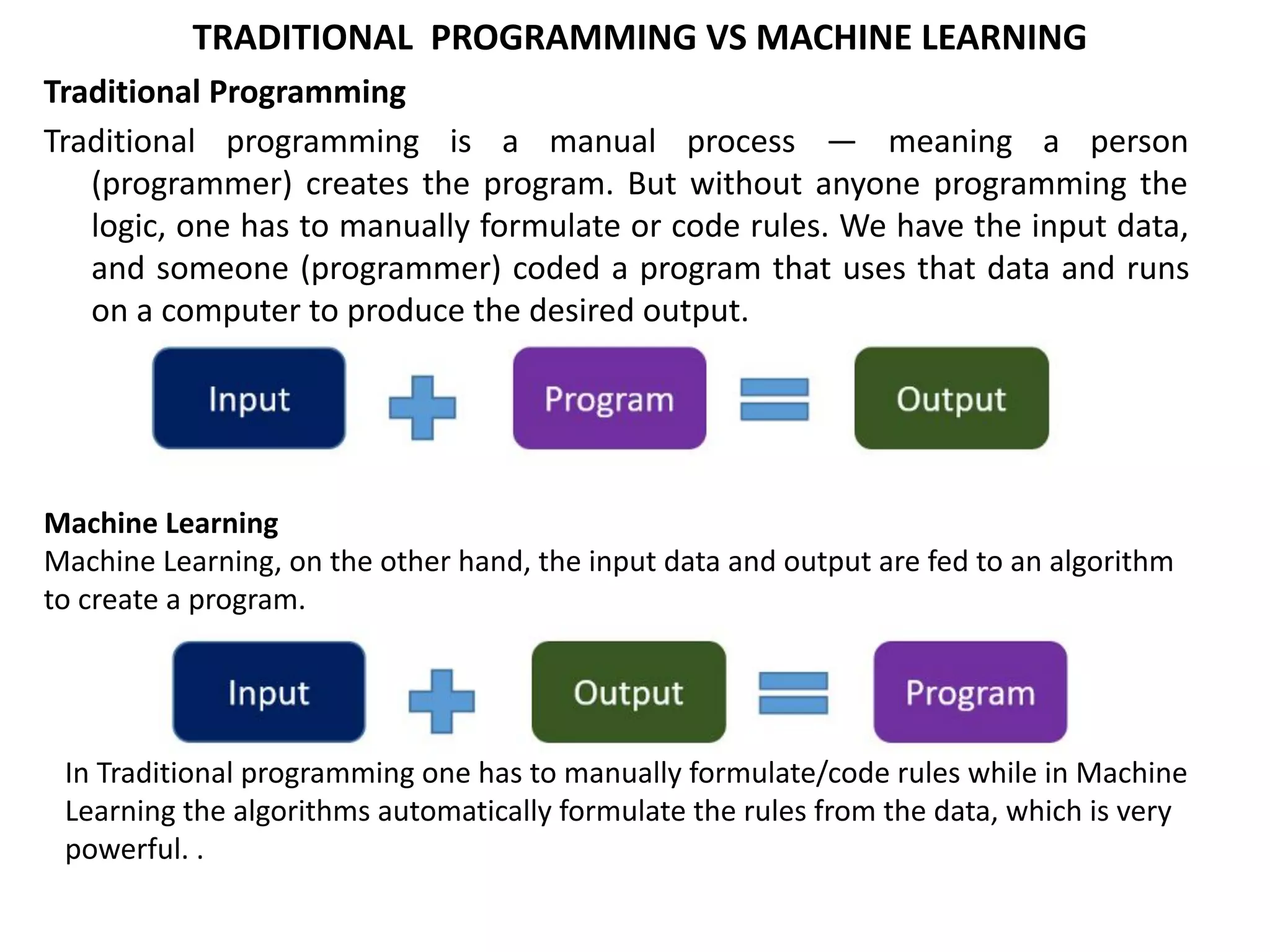 TRADITIONAL PROGRAMMING VS MACHINE LEARNING
Traditional Programming
Traditional programming is a manual process — meaning a person
(programmer) creates the program. But without anyone programming the
logic, one has to manually formulate or code rules. We have the input data,
and someone (programmer) coded a program that uses that data and runs
on a computer to produce the desired output.
Machine Learning
Machine Learning, on the other hand, the input data and output are fed to an algorithm
to create a program.
In Traditional programming one has to manually formulate/code rules while in Machine
Learning the algorithms automatically formulate the rules from the data, which is very
powerful. .
 