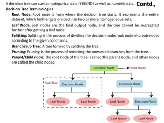 Contd.,
A decision tree can contain categorical data (YES/NO) as well as numeric data.
Decision Tree Terminologies
• Root Node: Root node is from where the decision tree starts. It represents the entire
dataset, which further gets divided into two or more homogeneous sets.
• Leaf Node: Leaf nodes are the final output node, and the tree cannot be segregated
further after getting a leaf node.
• Splitting: Splitting is the process of dividing the decision node/root node into sub-nodes
according to the given conditions.
• Branch/Sub Tree: A tree formed by splitting the tree.
• Pruning: Pruning is the process of removing the unwanted branches from the tree.
• Parent/Child node: The root node of the tree is called the parent node, and other nodes
are called the child nodes.
 