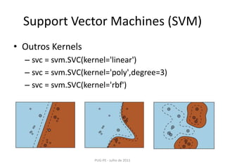 SupportVector Machines (SVM)Outros Kernelssvc = svm.SVC(kernel='linear')svc = svm.SVC(kernel='poly',degree=3)svc = svm.SVC(kernel='rbf')PUG-PE - Julho de 2011