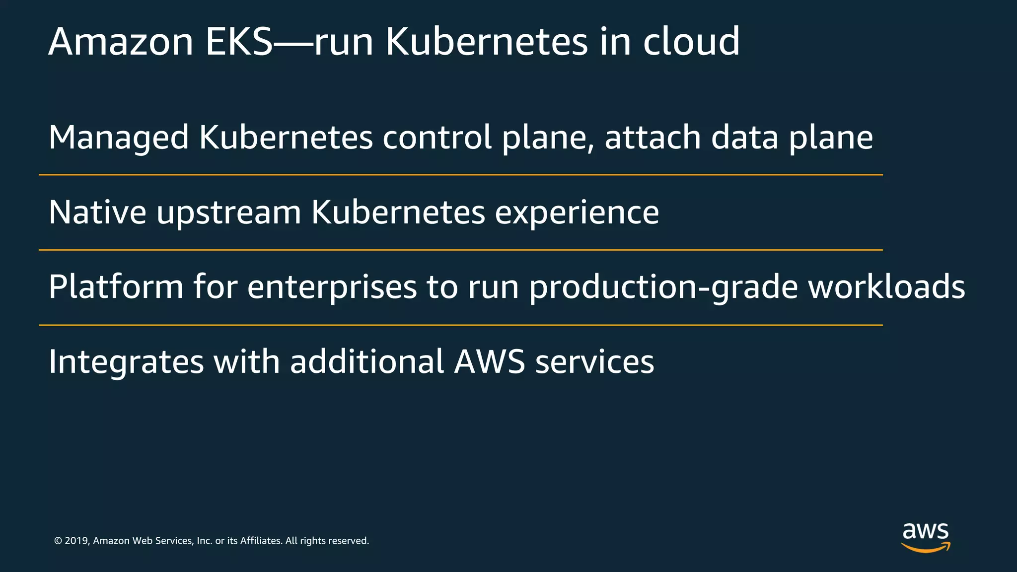 © 2019, Amazon Web Services, Inc. or its Affiliates. All rights reserved.
Amazon EKS—run Kubernetes in cloud
Managed Kubernetes control plane, attach data plane
Native upstream Kubernetes experience
Platform for enterprises to run production-grade workloads
Integrates with additional AWS services
 