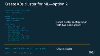 © 2019, Amazon Web Services, Inc. or its Affiliates. All rights reserved.
Create K8s cluster for ML—option 2
Eksctl cluster configuration
with two node groups
Create cluster
 
