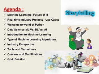 Agenda :
 Machine Learning : Future of IT
 Real-time Industry Projects - Use Cases
 Welcome to world of Python
 Data Science:ML Vs. DL Vs. Ai
 Introduction to Machine Learning
 Type of Machine Learning Algorithms
 Industry Perspective
 Tools and Techniques
 Courses and Certifications
 QnA Session
 