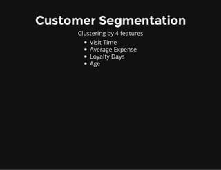 Customer Segmentation
Clustering by 4 features
Visit Time
Average Expense
Loyalty Days
Age
 