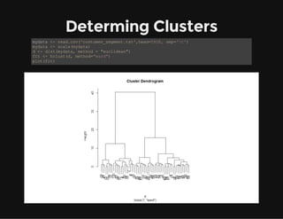 Determing Clusters
mydata <- read.csv('costumer_segment.txt',head=TRUE, sep='t')
mydata <- scale(mydata)
d <- dist(mydata,...