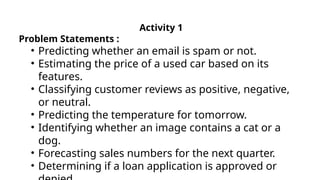 Activity 1
Problem Statements :
• Predicting whether an email is spam or not.
• Estimating the price of a used car based on its
features.
• Classifying customer reviews as positive, negative,
or neutral.
• Predicting the temperature for tomorrow.
• Identifying whether an image contains a cat or a
dog.
• Forecasting sales numbers for the next quarter.
• Determining if a loan application is approved or
 