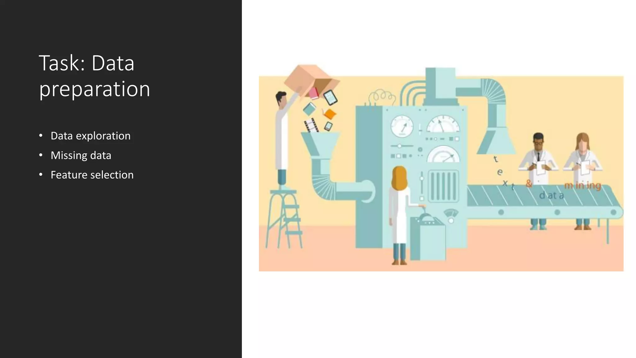 Task: Data
preparation
• Data exploration
• Missing data
• Feature selection
 