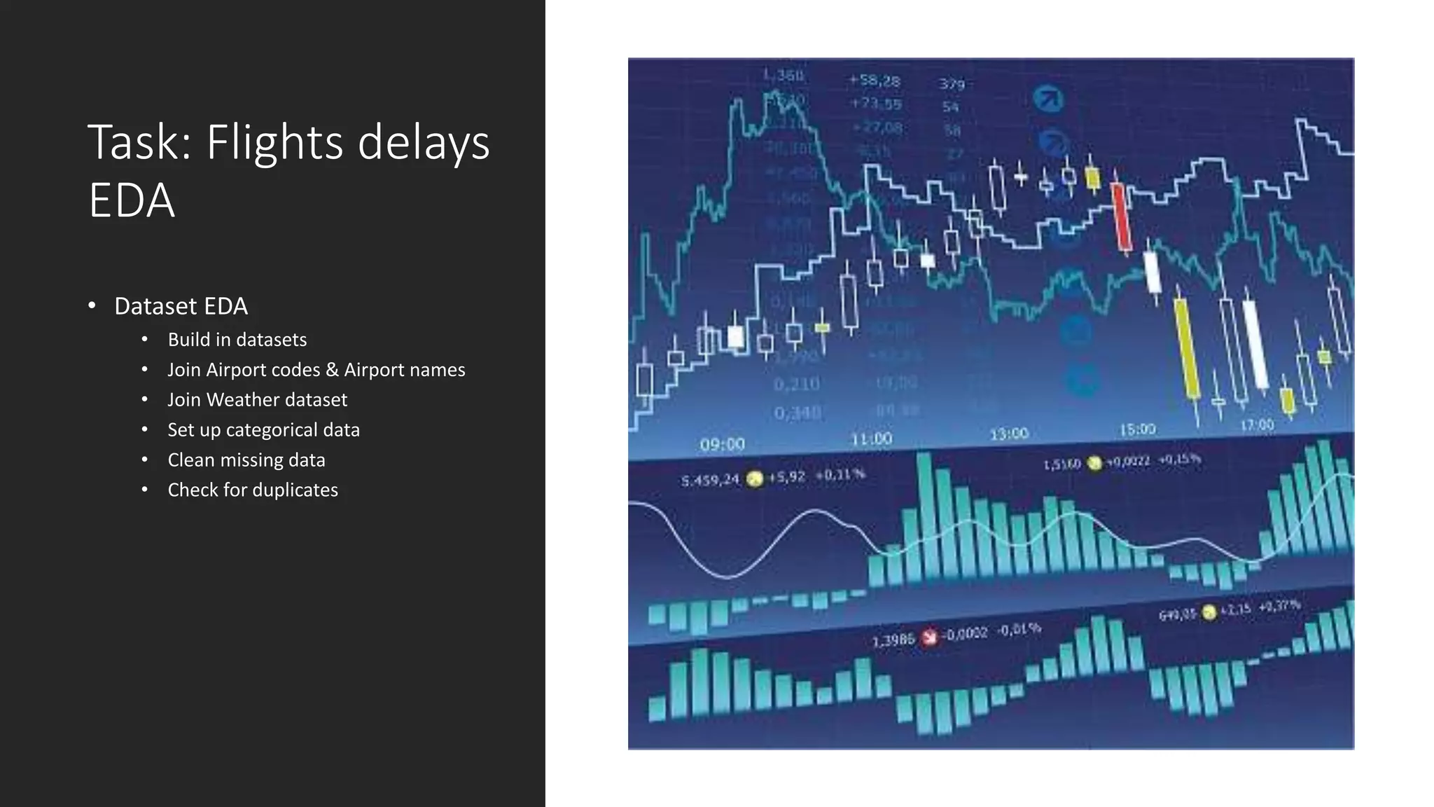 Task: Flights delays
EDA
• Dataset EDA
• Build in datasets
• Join Airport codes & Airport names
• Join Weather dataset
• Set up categorical data
• Clean missing data
• Check for duplicates
 
