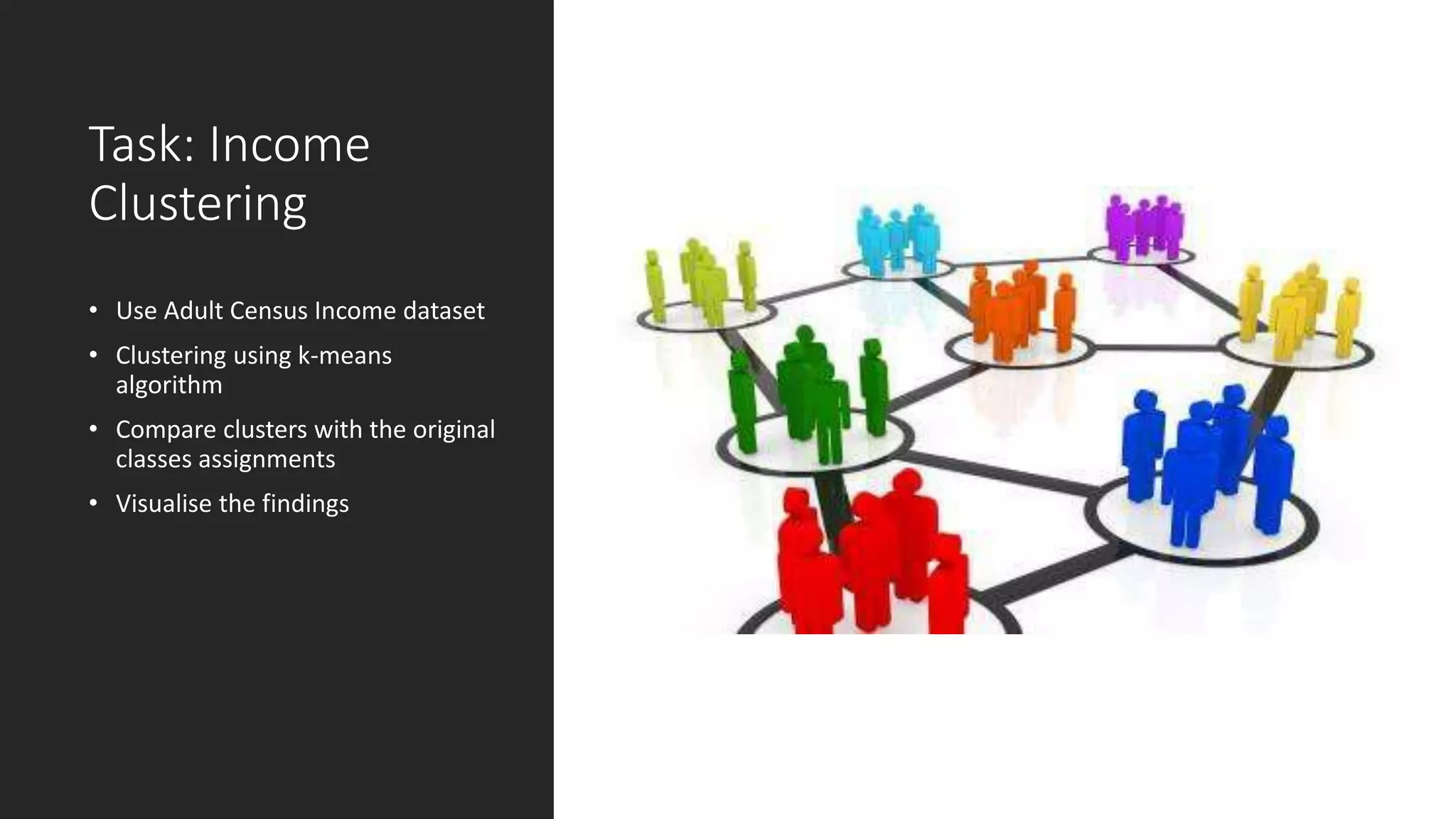 Task: Income
Clustering
• Use Adult Census Income dataset
• Clustering using k-means
algorithm
• Compare clusters with the original
classes assignments
• Visualise the findings
 