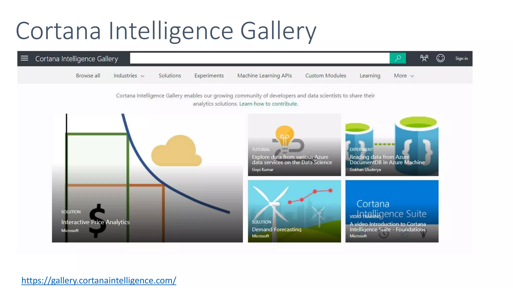 Cortana Intelligence Gallery
https://gallery.cortanaintelligence.com/
 