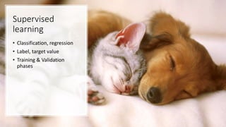 Supervised
learning
• Classification, regression
• Label, target value
• Training & Validation
phases
 