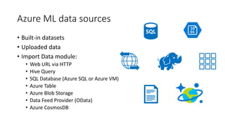 Azure ML data sources
• Built-in datasets
• Uploaded data
• Import Data module:
• Web URL via HTTP
• Hive Query
• SQL Database (Azure SQL or Azure VM)
• Azure Table
• Azure Blob Storage
• Data Feed Provider (OData)
• Azure CosmosDB
 