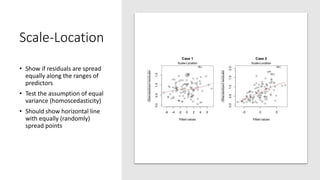 Scale-Location
• Show if residuals are spread
equally along the ranges of
predictors
• Test the assumption of equal
variance (homoscedasticity)
• Should show horizontal line
with equally (randomly)
spread points
 