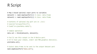 R Script
# Map 1-based optional input ports to variables
dataset1 <- maml.mapInputPort(1) # class: data.frame
dataset2 <- maml.mapInputPort(2) # class: data.frame
# Contents of optional Zip port are in ./src/
# source("src/yourfile.R");
# load("src/yourData.rdata");
# Sample operation
data.set = rbind(dataset1, dataset2);
# You'll see this output in the R Device port.
# It'll have your stdout, stderr and PNG graphics device(s).
plot(data.set);
# Select data.frame to be sent to the output Dataset port
maml.mapOutputPort("data.set");
 
