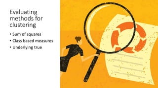 Evaluating
methods for
clustering
• Sum of squares
• Class based measures
• Underlying true
 