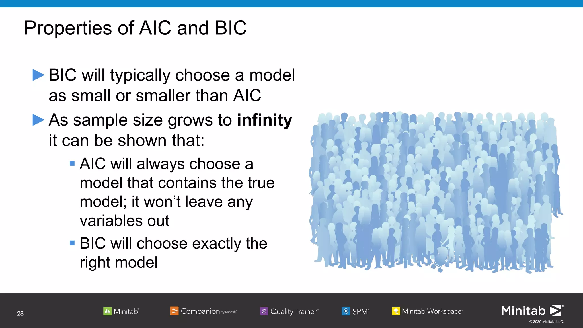 © 2020 Minitab, LLC.
Properties of AIC and BIC
►BIC will typically choose a model
as small or smaller than AIC
►As sample size grows to infinity
it can be shown that:
 AIC will always choose a
model that contains the true
model; it won’t leave any
variables out
 BIC will choose exactly the
right model
28
 