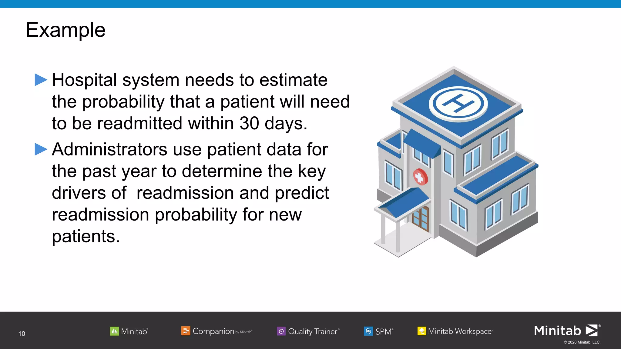 © 2020 Minitab, LLC.
Example
►Hospital system needs to estimate
the probability that a patient will need
to be readmitted within 30 days.
►Administrators use patient data for
the past year to determine the key
drivers of readmission and predict
readmission probability for new
patients.
10
 