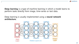25
Deep learning is a type of machine learning in which a model learns to
perform tasks directly from image, time-series or text data.
Deep learning is usually implemented using a neural network
architecture.
 